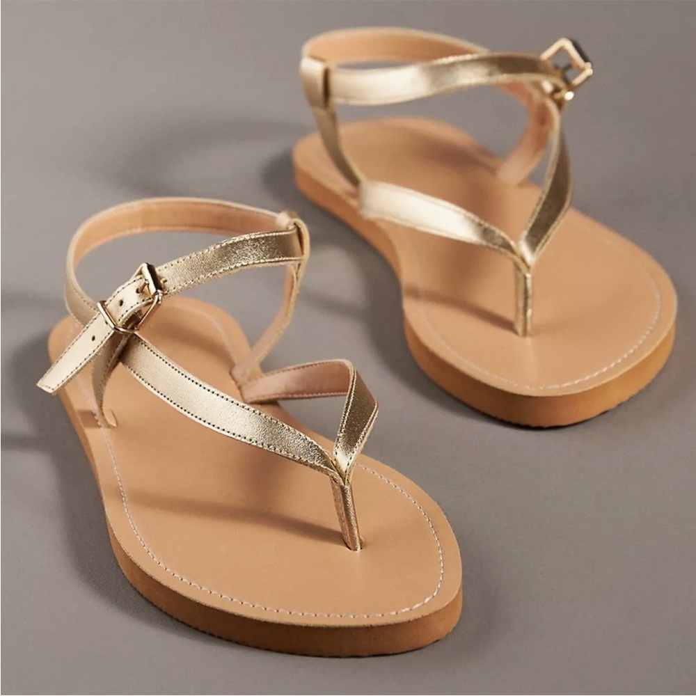 Anthropologie Metallic Gold T-Strap Sandals
